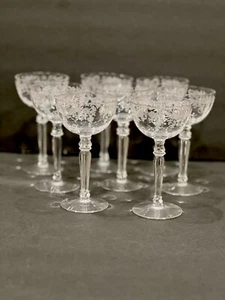 1960s Set/8 Fostoria 'Chintz' Etch 5.25x3x2.25 Crystal Champagne Stem Goblets - Picture 1 of 22