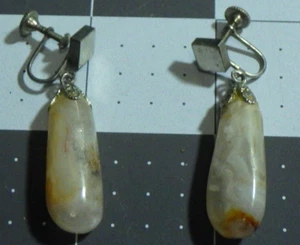 vintage agate earrings dangle silver tone screwback 1 5/8" - Picture 1 of 4