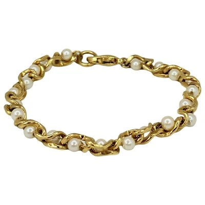 VTG White Pearl Tennis Bracelet  24K Gold Plated 7" Station Link Minimalist  - Image 1 of 4