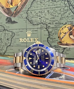 Mens Rolex Submariner 18k Gold Steel Blue Dial  40mm Watch 16613 C. 1990 Bluesy - Picture 1 of 17