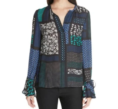 DEREK LAM 10 CROSBY 花卉丝绸拼布长袖衬衫农民波西米亚 4 码 — 第 1/4 张图片