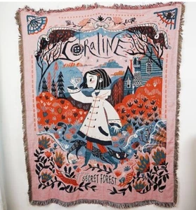 New Coraline Blanket Secret Forest Black Cat Throw Cotton Blend Woven Fringe - Picture 1 of 3
