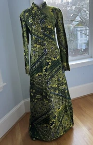 VINTAGE Maxi Batik A Line Indonesian Long Sleeves High Neck Dress S M Lime Green - Picture 1 of 8
