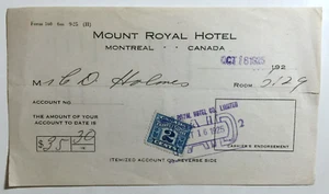 Francobollo accise vintage Billhead Mount Royal Hotel Montreal Canada 1925 - Foto 1 di 2