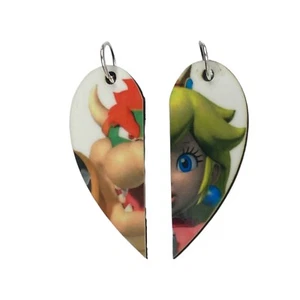 Bowser and Peach Matching Heart Necklaces Keyrings and Earrings| Couples Gift - Picture 1 of 1