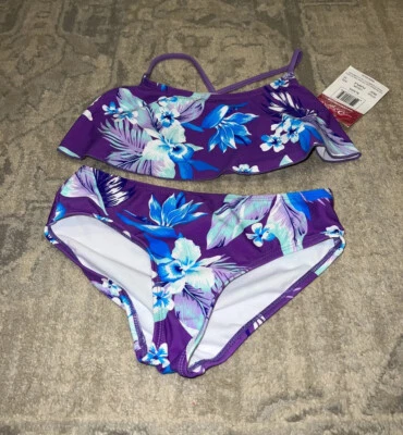 New Kanu Surf Alania Flounce 2 Piece Bikini Beach Floral Purple 10 Youth Girls - Image 1 of 4