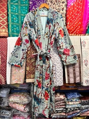 Elegant Women's Grey Bird Print Velvet Kimono Boho Chic Plus Size Cardigan - Image 1 of 4