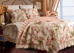 NEW! ~ COZY CHIC SHABBY COTTAGE IVORY PALM LEAF RED PINK GREEN COUNTRY QUILT SET - Picture 1 of 3