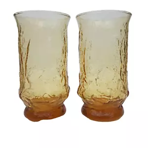 Vintage Amber Anchor Hocking Rainflower Flat Tumbler Drinking Glasses Set of 2 - Picture 1 of 8