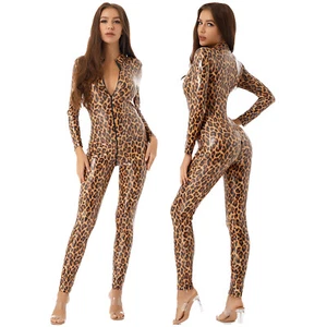 Women Sexy Leopard Print Bodysuit Long Sleeve Zip Slim Fit Catsuit Clubwear - Picture 1 of 14