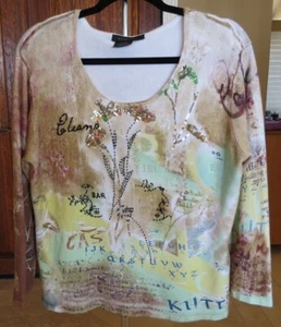 MESMERIZE Soft Top Sz XL Brown Green Glitter Sparkly Sequins Floral Scoop Neck - Picture 1 of 7