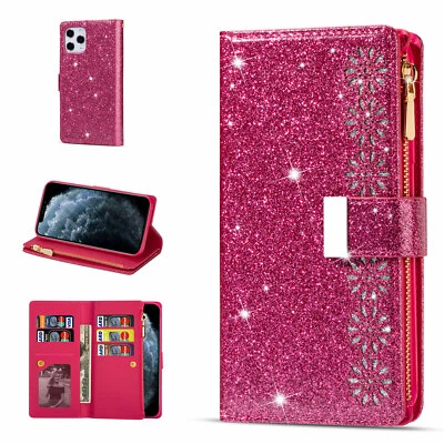 闪亮闪光皮革钱包式翻盖保护壳 适合 iPhone 14 16 Pro Max/15/11/13/XR/7 8+ — 第 1/4 张图片