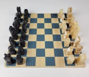Marble Onyx Stone Aztec Chess Piece Set (32) Vintage Black & Yellow Pieces - Picture 1 of 15