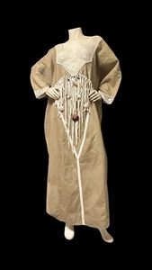 Vintage 80 Crochet Ribbon Dress Opus 1  Khaki Cotton Poplin Macrame & Sea Shells - Picture 1 of 17