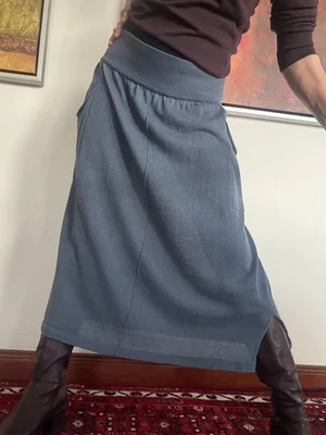 Tauben blauer OSKA Midi Strick ROCK Gr.3/40-42-44 Taschen elast Bund 87%Leinen👍 - Bild 1 von 4