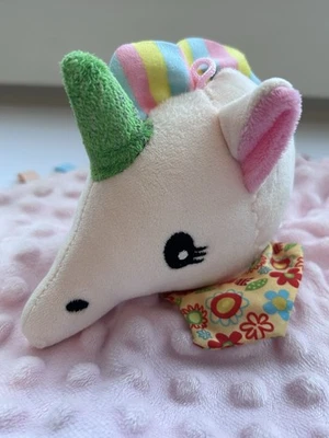 Pink Colorful Unicorn Security Blanket Lovey w/ Tether Tags Minky Dots 11”X11” - Image 1 of 4