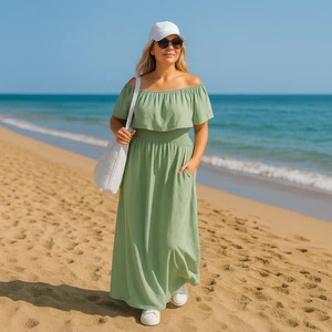 ROCKTHOSECURVES DAMEN KLEID SCHULTERFREI SEITENTASCHEN KURZARM MAXI - Bild 1 von 19