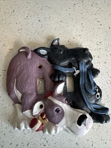 Vintage handbemalt Harz 2 Welpen Hunde mit Leine Doppel Lichtschalter Platte Abdeckung - Bild 1 von 5