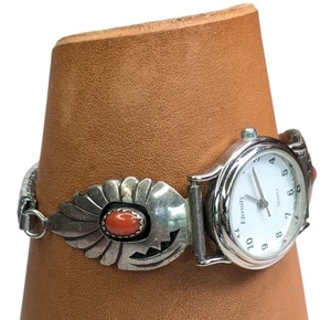 Navajo Artist Watch Band M. Nelwoot Sterling Silver And Coral 6.5" Needs Battery - Picture 1 of 13