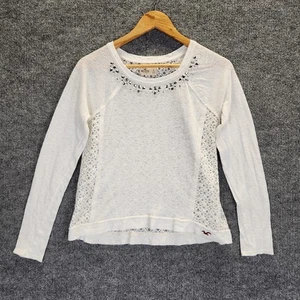 Hollister Shirt Womens Large White Lace Back Long Sleeve Embellished Top Jewels - Picture 1 of 11