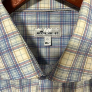Men’s Peter Millar Button Up Long Sleeve Shirt Size XL Plaid Blue Pink Cream EUC - Picture 1 of 6