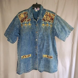 Vintage Jeanshemd Pearl River Clothing Co 2x verziert Leopard Knopfleiste Baumwolle - Bild 1 von 6