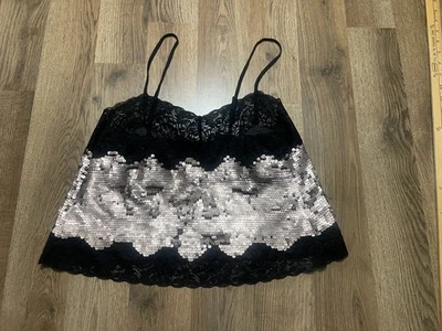 Camiseta sin mangas Express, para mujer talla pequeña, negra marrón, secuencias, lentejuelas, encaje Foto 1 de 4