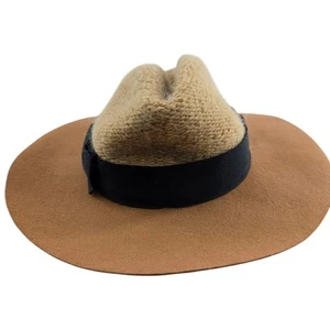 Anthropologie Bettina Damenhut breite Krempe Wolle Mohair hellbraun beige schwarz flache Schleife - Bild 1 von 10