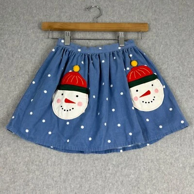 Mini Boden Skirt Girl 7-8 Blue Polka Dot Corduroy Novelty Snowman Pocket Pom Pom - Image 1 of 4