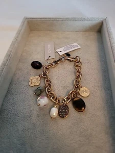 Chicos Bracelet Charm Medallion Art Glass Tigers Eye Green Stone Jewelry 7" - Picture 1 of 17