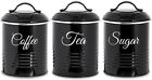 3Pc Tea Coffee Sugar Canister Black Kitchen Food Storage Metal Jar Airtight Lid