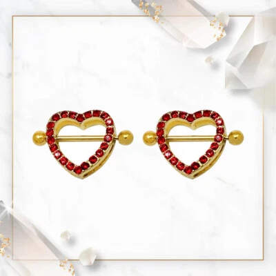 14G Nipple Shield Ring Paved Red CZ Heart Shaped Nipple Rings Barbells 16mm 5/8" - Image 1 of 4