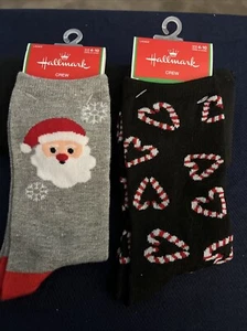 HALLMARK WOMENS CHRISTMAS SOCKS 2-PAIR COMFORTABLE & STYLISH NEW SANTA & CANDY - Picture 1 of 4