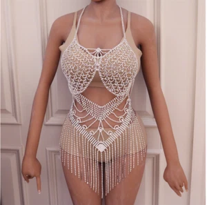 Rhinestone Full Body Chain Jewelry Women Bikini Set Luxury Tassel Sexy Lingerie - Picture 1 of 5