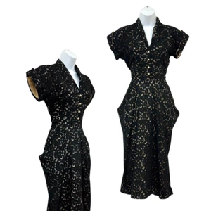 Vintage 1940s Nude Illusion Black Lace Wiggle Dress with Pockets - Picture 1 of 9
