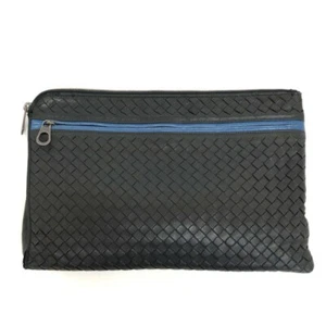 BOTTEGA VENETA Clutch Bag Second Bag Intrecciato Leather Black Blue Authentic - Picture 1 of 24