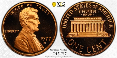 1977 1c PROOF Lincoln Memorial Cent PCGS PR70RD DCAM Cover