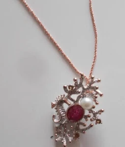 DAMEN HALSKETTE SILBER 925 BAD ROSEGOLD MIT PERLENANHÄNGER UND FUCHSIA Quarz - Bild 1 von 6