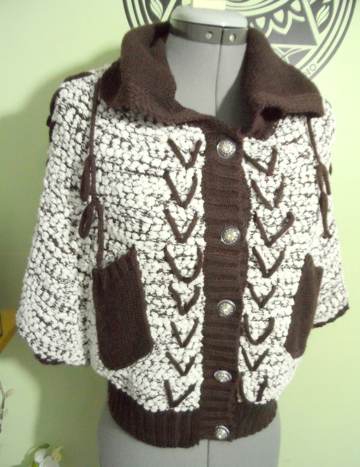 SOFIE CAMICA Poncho Suéter S/M Marrón Blanco Boho Conejito de Nieve Invierno Moderno Foto 1 de 4