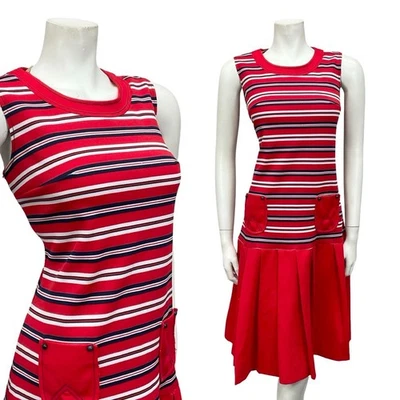 VTG 60S PENNY LANE RED WHITE NAVY BLUE MOD DROPPED WAIST PLEATED SHIFT DRESS 12 - Image 1 of 4
