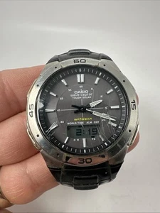 Casio Wave Ceptor Watch Men 40mm Silver Tone Black 5052 WVA-470 Tough Solar CD55 - Picture 1 of 6