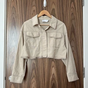 Chaqueta Camisa Algodón Lino Recortada Puntada en Contraste Beige Diseño ASOS UK 10 - Imagen 1 de 5