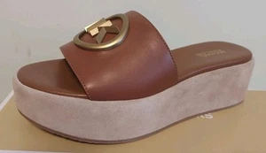 MICHAEL KORS SADLER ICONIC MK LOGO LEATHER PLATFORM SLIDES 5 I LOVE SHOES - Picture 1 of 6