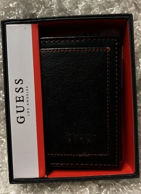 Guess Mens Leather Wallet TriFold Black w/ Red Stitching & Valet Box New - Image 1 of 4