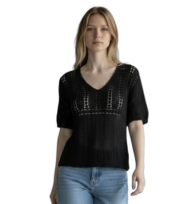 VINTAGE Y2K Anchor Blue Size S Black Crochet Babydoll Top Ramie Cotton Waist Tie - Image 1 of 4