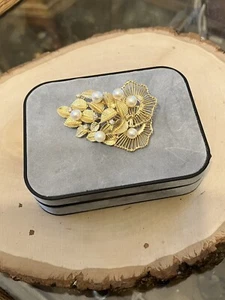 14k Yellow Gold Genuine Pearl & Diamond Grape Vine Design Brooch Pin 15.97 gr - Picture 1 of 8