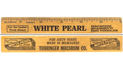 Regla publicitaria Tharinger Macaroni Co La Rosa de la década de 1930 regla de fideos de perlas blancas Foto 1 de 3