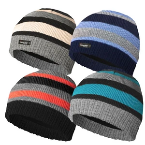 BOYS THINSULATE LINED BEANIE HATKNITTED STRIPED WINTER WARM BEANIE MULTI COLOUR - Picture 1 of 5