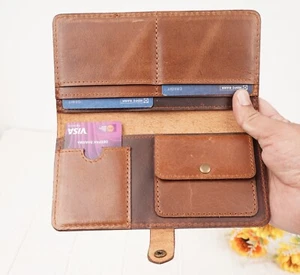 Handmade full grain leather clutch wallet for women Purse with coin pocket - Picture 1 of 6