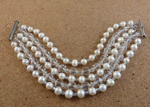 Vintage Freshwater White Pearl & Clear Crystal 4 Strand 8 1/2" Bracelet #439 - Picture 1 of 15